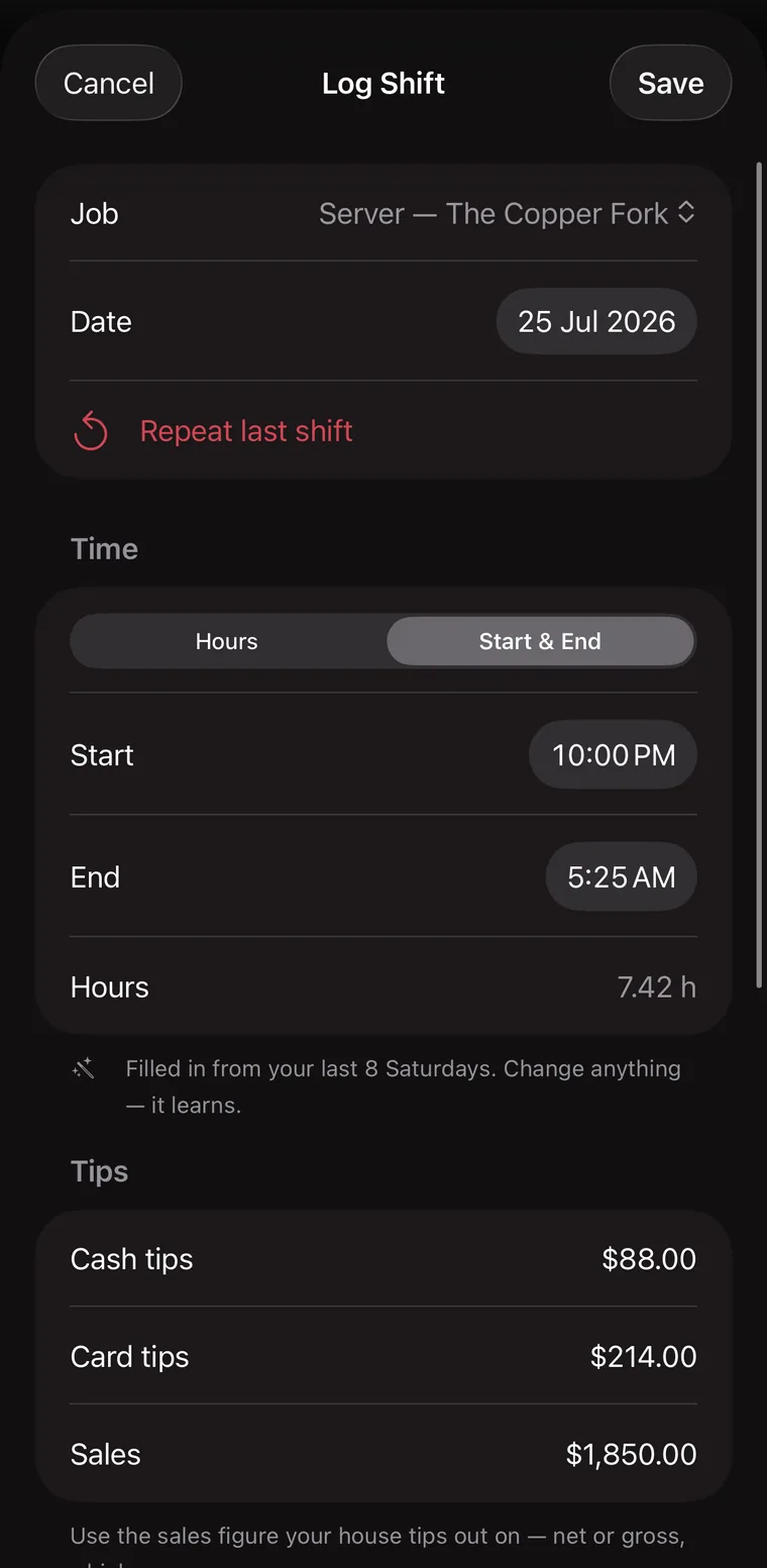 TipBud log shift sheet with job, date, start and end times filled in, and a note that fields were pre-filled from your last 8 Saturdays.